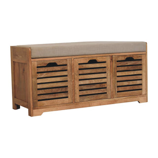 Haven Shoe Storage Bench Solid Mango Wood Louvred Shutter Doors Boucle Cushion Seat