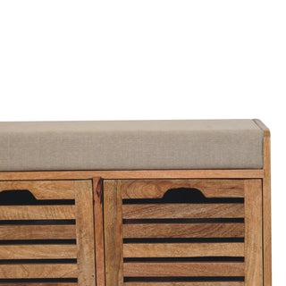 Haven Shoe Storage Bench Solid Mango Wood Louvred Shutter Doors Boucle Cushion Seat