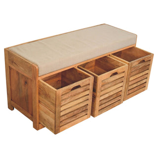 Haven Shoe Storage Bench Solid Mango Wood Louvred Shutter Doors Boucle Cushion Seat