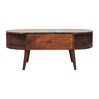 Leni Oval Coffee Table with Drawer Open Cubby Slots Chestnut Nordic Legs