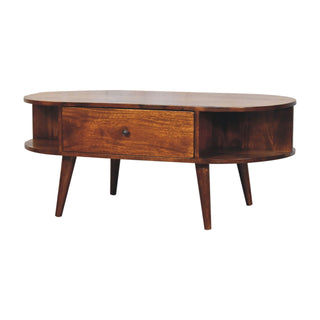 Leni Oval Coffee Table with Drawer Open Cubby Slots Chestnut Nordic Legs