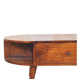 Leni Oval Coffee Table with Drawer Open Cubby Slots Chestnut Nordic Legs