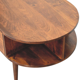 Leni Oval Coffee Table with Drawer Open Cubby Slots Chestnut Nordic Legs