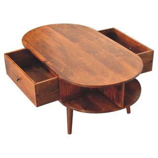 Leni Oval Coffee Table with Drawer Open Cubby Slots Chestnut Nordic Legs