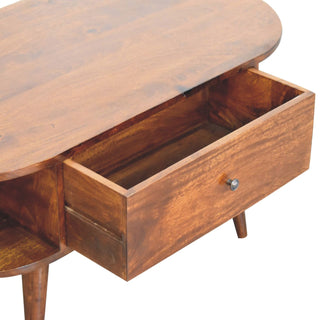 Leni Oval Coffee Table with Drawer Open Cubby Slots Chestnut Nordic Legs