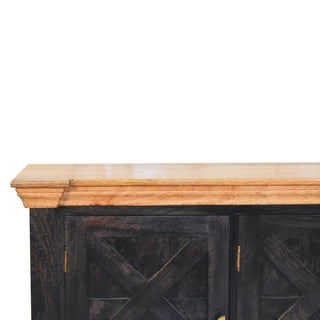 Nocturne Large Sideboard with Cross-Panel Doors in Ash Black and Natural Oak Top