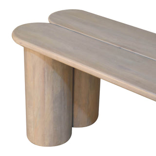 Lune Dining Bench Solid Mango Wood Twin Plank Split Seat Cylinder Base