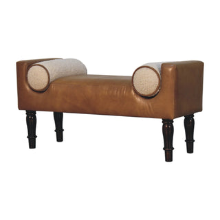 Chester Hallway Bench Tan Buffalo Leather Boucle Bolster Cushions Turned Dark Walnut Legs
