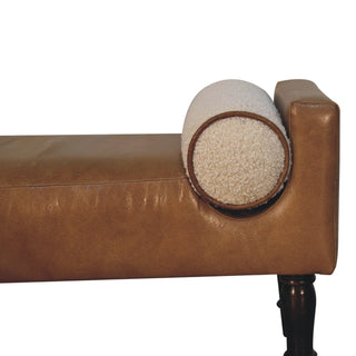 Chester Hallway Bench Tan Buffalo Leather Boucle Bolster Cushions Turned Dark Walnut Legs