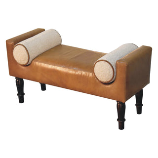 Chester Hallway Bench Tan Buffalo Leather Boucle Bolster Cushions Turned Dark Walnut Legs