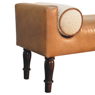 Chester Hallway Bench Tan Buffalo Leather Boucle Bolster Cushions Turned Dark Walnut Legs