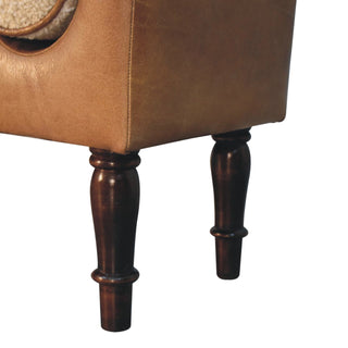 Chester Hallway Bench Tan Buffalo Leather Boucle Bolster Cushions Turned Dark Walnut Legs