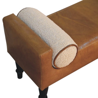 Chester Hallway Bench Tan Buffalo Leather Boucle Bolster Cushions Turned Dark Walnut Legs