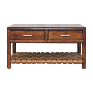 Reva Console Table with Drawers Chestnut Woven Leather Shelf