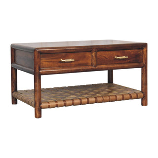 Reva Console Table with Drawers Chestnut Woven Leather Shelf