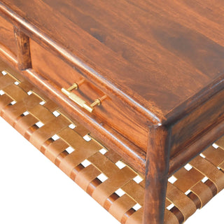 Reva Console Table with Drawers Chestnut Woven Leather Shelf