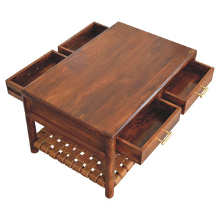Reva Console Table with Drawers Chestnut Woven Leather Shelf