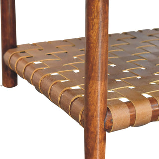 Reva Console Table with Drawers Chestnut Woven Leather Shelf