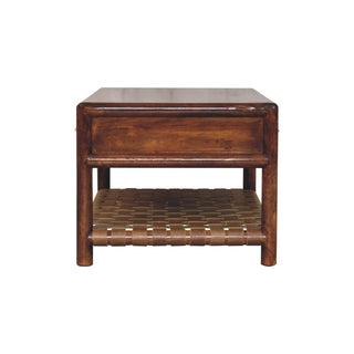 Reva Console Table with Drawers Chestnut Woven Leather Shelf