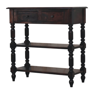 Harlow Side Table With Drawers Open Shelf Turned Legs Cherry Wood