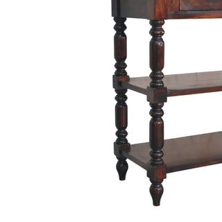 Harlow Side Table With Drawers Open Shelf Turned Legs Cherry Wood
