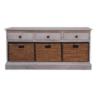 Driftwood Shoe Storage Cabinet Grey-Wash Wicker Basket Drawers Plinth Base