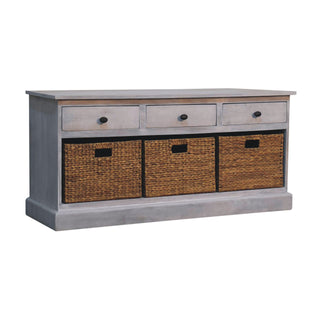 Driftwood Shoe Storage Cabinet Grey-Wash Wicker Basket Drawers Plinth Base