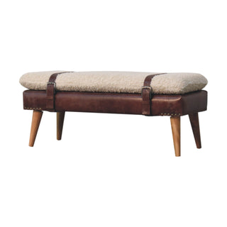 Wren Entryway Bench Cream Bouclé & Deep Brown Leather Belted Strap Nordic Legs
