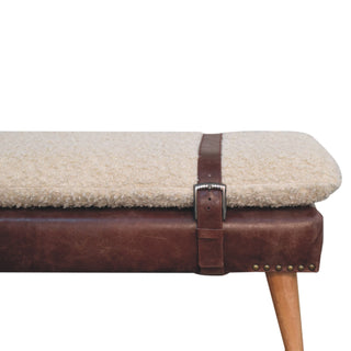 Wren Entryway Bench Cream Bouclé & Deep Brown Leather Belted Strap Nordic Legs
