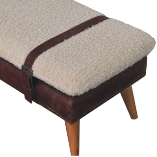 Wren Entryway Bench Cream Bouclé & Deep Brown Leather Belted Strap Nordic Legs
