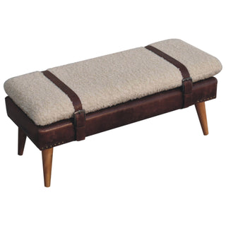 Wren Entryway Bench Cream Bouclé & Deep Brown Leather Belted Strap Nordic Legs