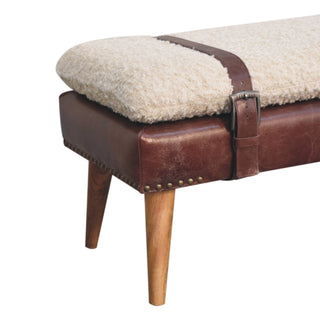 Wren Entryway Bench Cream Bouclé & Deep Brown Leather Belted Strap Nordic Legs