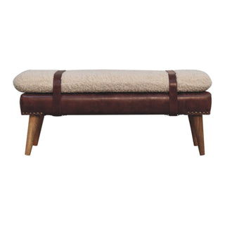 Wren Entryway Bench Cream Bouclé & Deep Brown Leather Belted Strap Nordic Legs