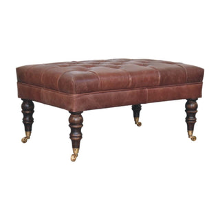Harlow Ottoman Bench Chestnut Brown Buffalo Leather Hand-Tufted Brass Castor Legs