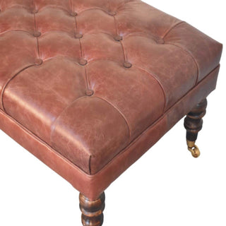 Harlow Ottoman Bench Chestnut Brown Buffalo Leather Hand-Tufted Brass Castor Legs