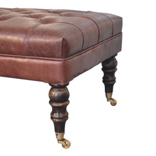 Harlow Ottoman Bench Chestnut Brown Buffalo Leather Hand-Tufted Brass Castor Legs