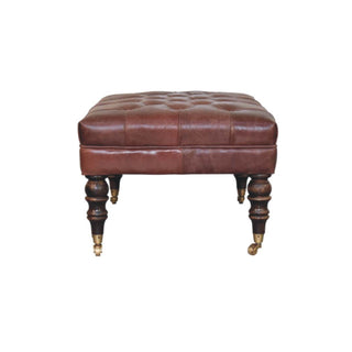 Harlow Ottoman Bench Chestnut Brown Buffalo Leather Hand-Tufted Brass Castor Legs