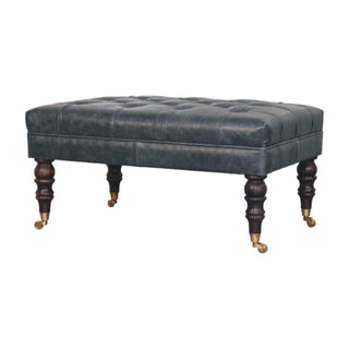 Indra Ottoman Bench Teal Buffalo Leather Hand-Tufted Brass Castor Turned Legs