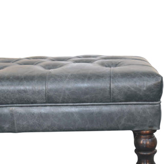 Indra Ottoman Bench Teal Buffalo Leather Hand-Tufted Brass Castor Turned Legs