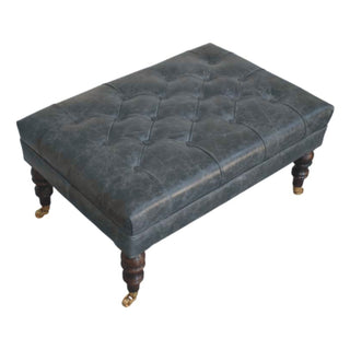 Indra Ottoman Bench Teal Buffalo Leather Hand-Tufted Brass Castor Turned Legs