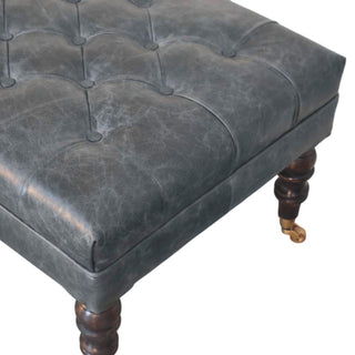 Indra Ottoman Bench Teal Buffalo Leather Hand-Tufted Brass Castor Turned Legs