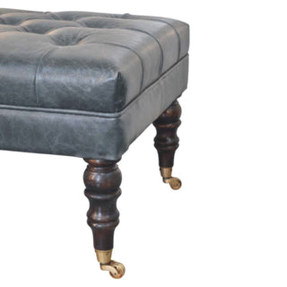 Indra Ottoman Bench Teal Buffalo Leather Hand-Tufted Brass Castor Turned Legs