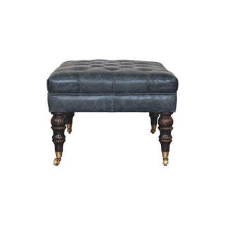 Indra Ottoman Bench Teal Buffalo Leather Hand-Tufted Brass Castor Turned Legs