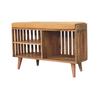 Orva Hallway Storage Bench Mustard Seat Pad Vertical Slatted Three-Cubby Oak Finish