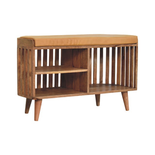 Orva Hallway Storage Bench Mustard Seat Pad Vertical Slatted Three-Cubby Oak Finish