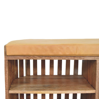 Orva Hallway Storage Bench Mustard Seat Pad Vertical Slatted Three-Cubby Oak Finish