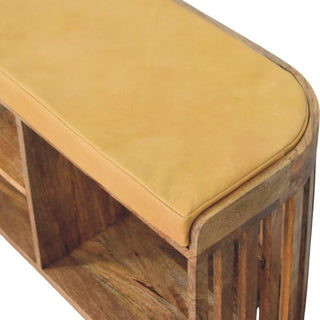 Orva Hallway Storage Bench Mustard Seat Pad Vertical Slatted Three-Cubby Oak Finish