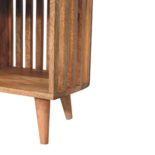 Orva Hallway Storage Bench Mustard Seat Pad Vertical Slatted Three-Cubby Oak Finish
