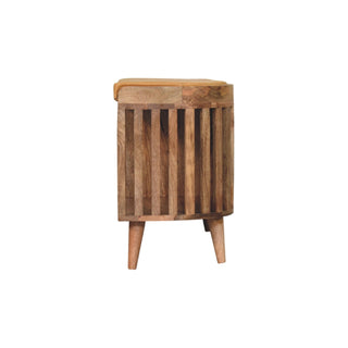Orva Hallway Storage Bench Mustard Seat Pad Vertical Slatted Three-Cubby Oak Finish