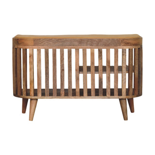 Orva Hallway Storage Bench Mustard Seat Pad Vertical Slatted Three-Cubby Oak Finish